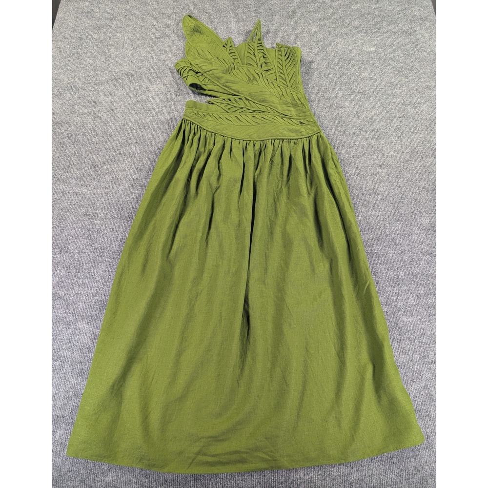 Farm Rio Green Leaves Cut Out Midi Dress One Shoulder Linen Blend XS 318093